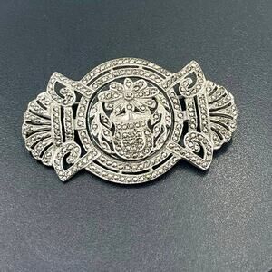 Vintage Antique Art Deco Sterling Silver Marcasite Floral Framed Brooch Unsigned